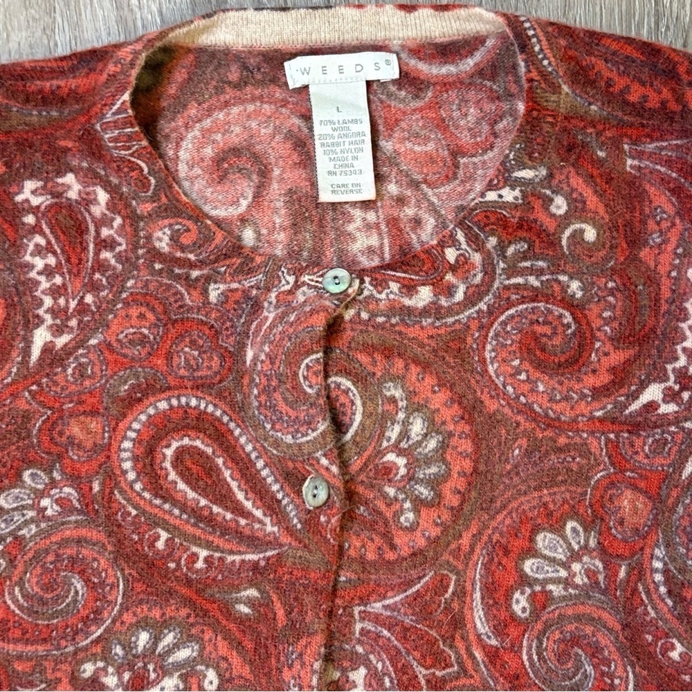 Womens Angora Wool Blend Cardigan Sweater Paisley Red Brown Size L​​ - Picture 2 of 9